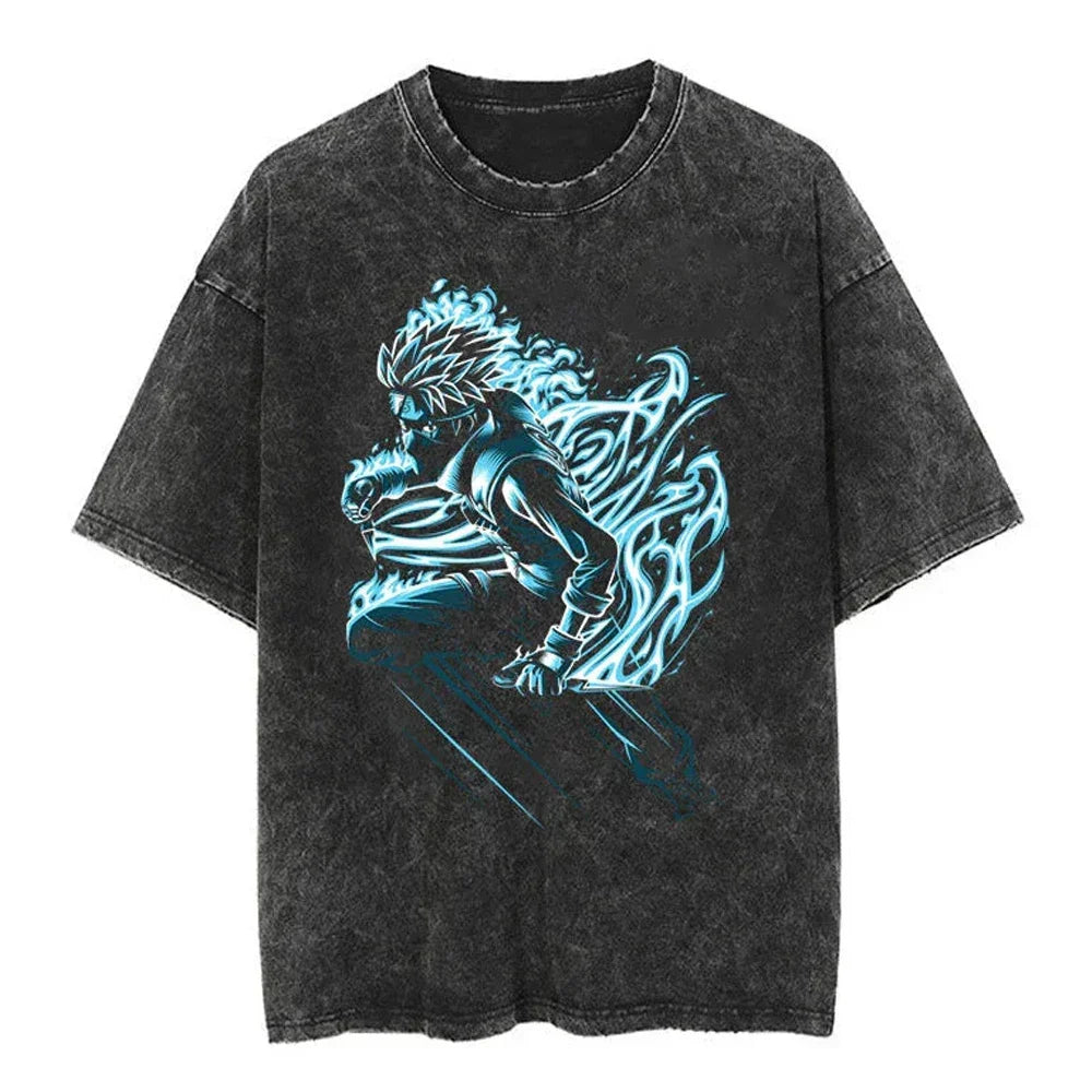 Men Streetwear Tshirt Japanese Naruto Anime Graphic T-Shirt Cotton Harajuku Washed T Shirt Summer Hip Hop Tops Tees Black
