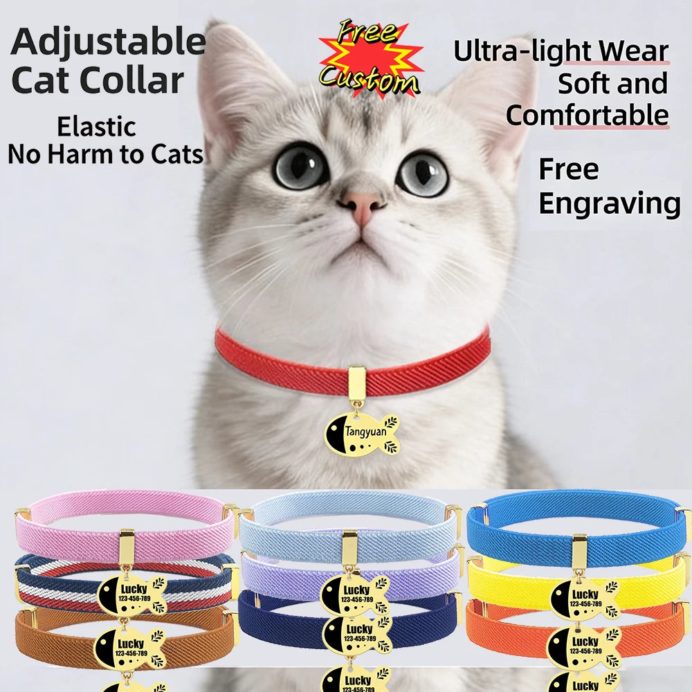 Free Customized Cat Collar Cute Fish Metal Necklace Pet ID Name Tag Personalized GPS Tracker Kitten Dog Breakaway Elastic Collar
