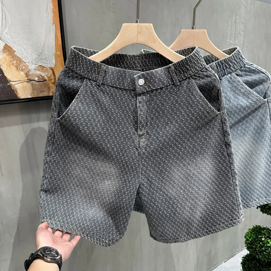 Men's Denim Shorts - Retro Jacquard Washed Casual Summer Five-Minute Pants