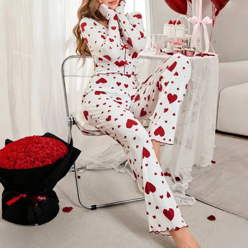 Pajamas 2 Piece Sets Women Sleepwear Loungewear Suit Top Pants Heart Print Bow Trousers Autumn Ensemble Nightwear Outfits