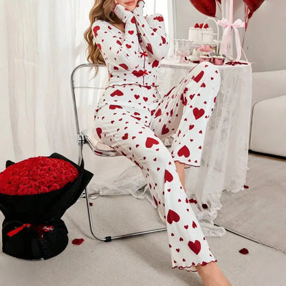 Pajamas 2 Piece Sets Women Sleepwear Loungewear Suit Top Pants Heart Print Bow Trousers Autumn Ensemble Nightwear Outfits