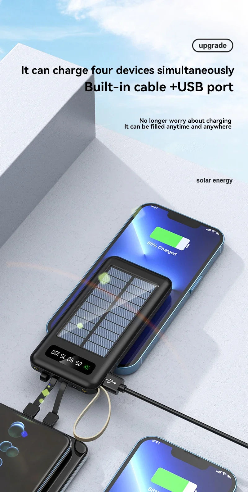 Lenovo Solar Power Bank 50000mAh Large Capacity Mobile Power Fast Charging Battery Dual USB 4 Cables For iPhone Samsung