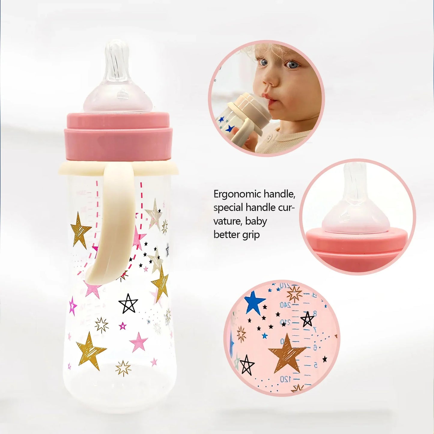 1PC 330ml large-capacity baby feeding bottle star PP bottle wide diameter anti-fall lightweight ergonomic handle design