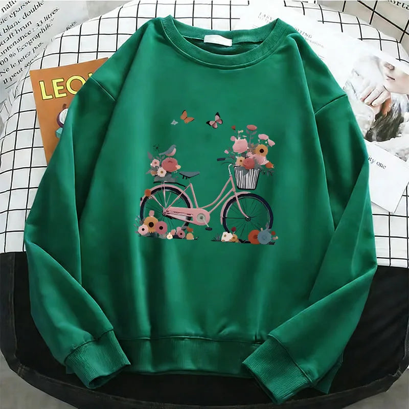 Womens Hoodies Retro Floral Butterfly with Bicycle Print Warm Fleece Sweatshirt Soft O-Neck Pullover Casual Female Clothes