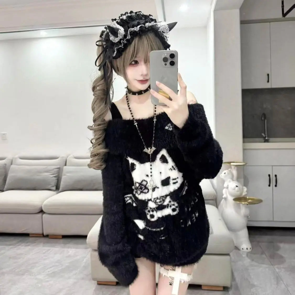 Kawaii Cat One Shoulder Black Sweater Women Off Shoulder Long Graphic Knitted Top Autumn Pollovers Turn Collar Knitwear
