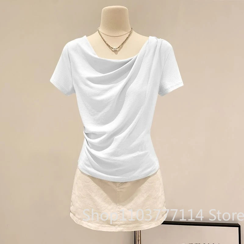 Summer Off Shoulder Top Women Summer Fashion Versatile Base Shirt Plus Size Slim Fit Short-sleeved T-shirt Casual and Sexy Beach
