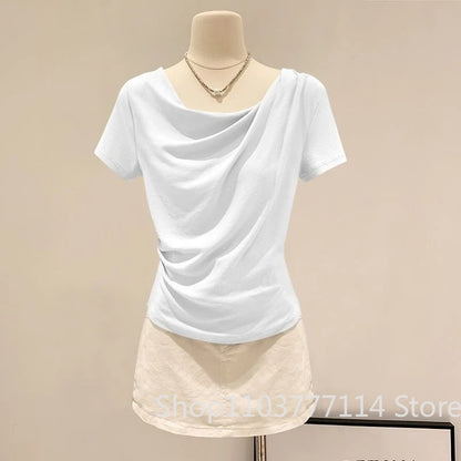 Summer Off Shoulder Top Women Summer Fashion Versatile Base Shirt Plus Size Slim Fit Short-sleeved T-shirt Casual and Sexy Beach