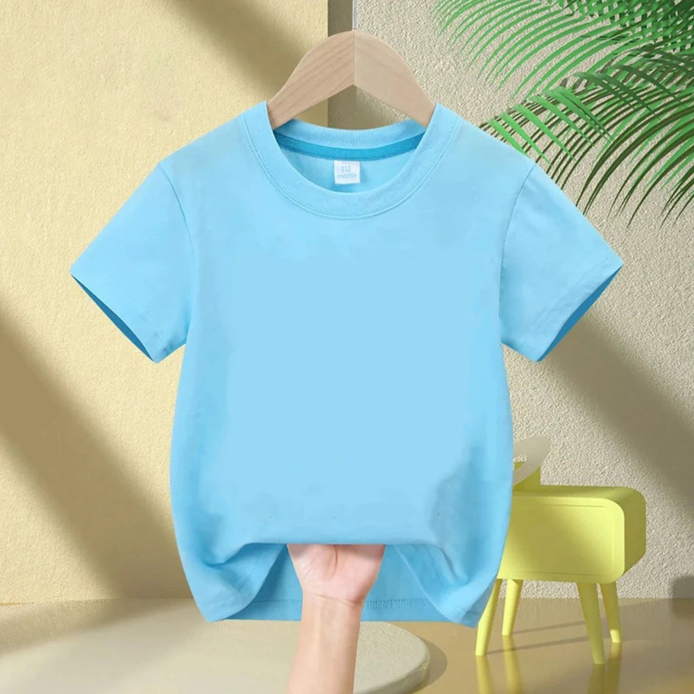 100% Cotton 180Gsm Children's T-Shirt Boys Girls Summer Short-Sleeved Cute Style White Solid Color Top for Kids
