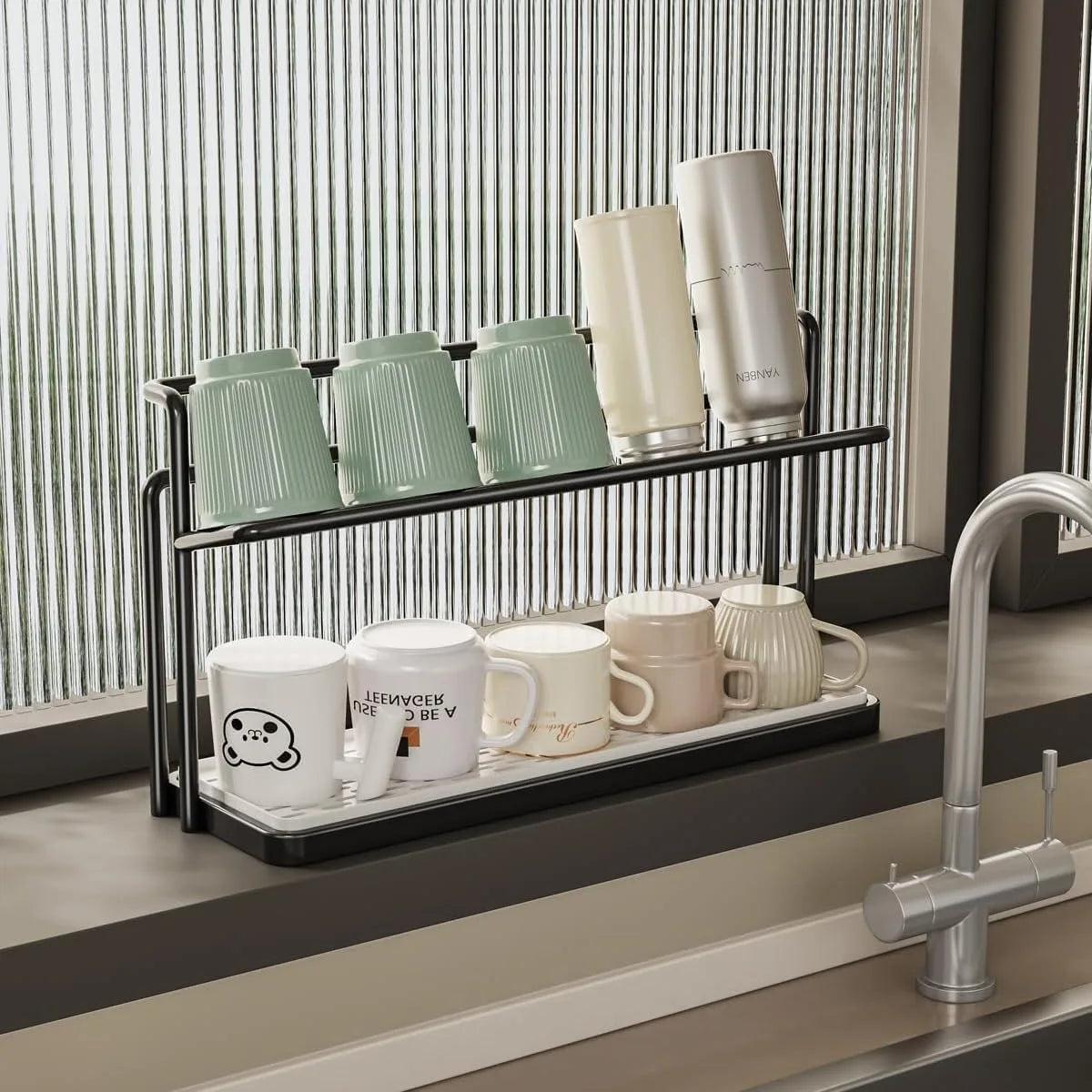 Bottle Drying Rack - 2 Tier Rust Proof Steel Kitchen Storage Rack with Removable Drain Tray