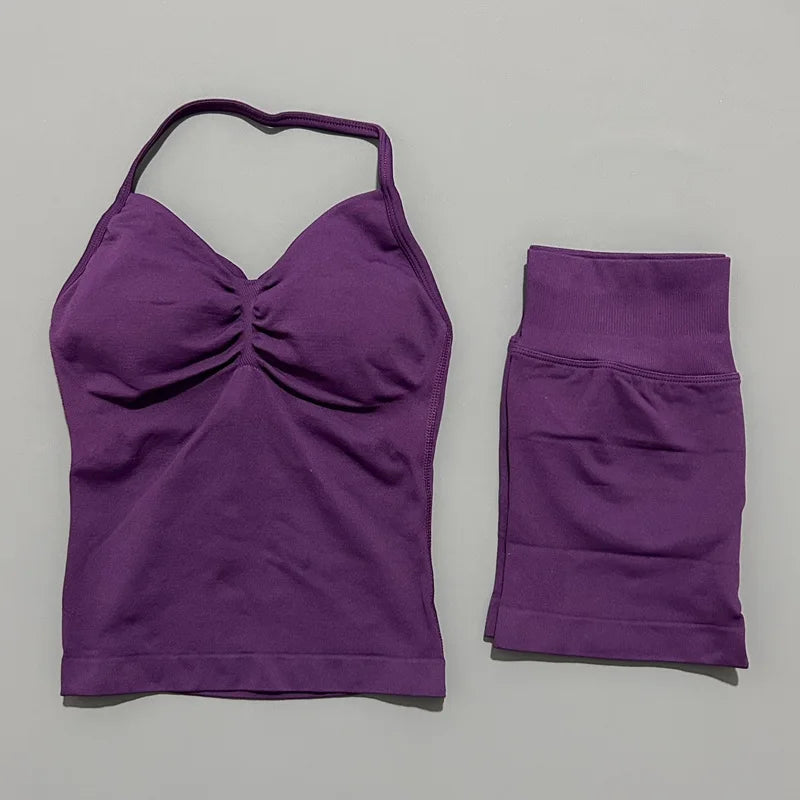2Pcs HISTELLO Yoga Set Women Halter Tank Top Scrunch Butt Lifting Shorts Ruched Anti Chafe Quick Dry Gym Workout Sports Set