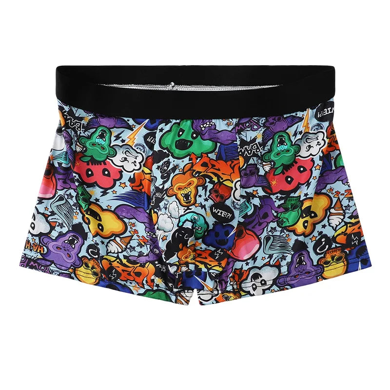 5PCS Random Men's Breathable Boxer Underwear with Colorful Graffiti Patterns Elastic Waistband Trendy and Fashionable Underwear