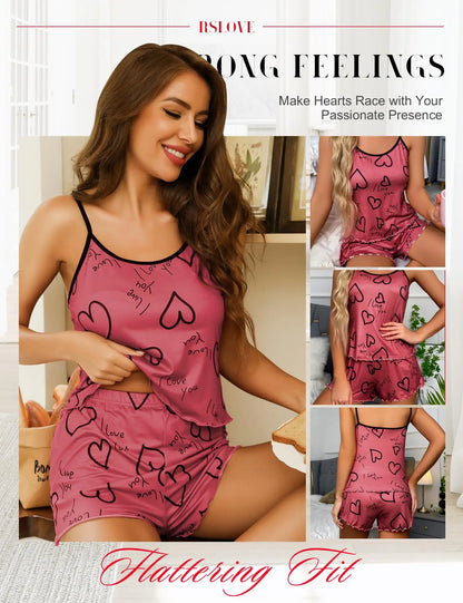 Women's Heart-Shaped Printed Pajamas Set Sexy Pajamas Silk Pleated Vest Shorts Set Soft and Comfortable Home Wear Sweet and Cute