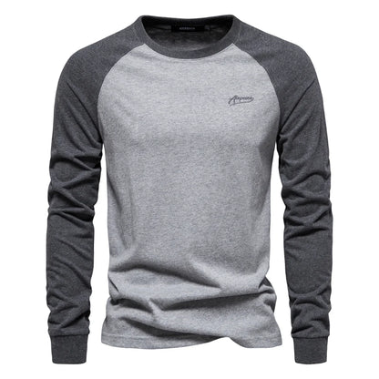 Men's Cotton T-Shirts - Long Sleeve Patchwork O-Neck Casual Designer Tees