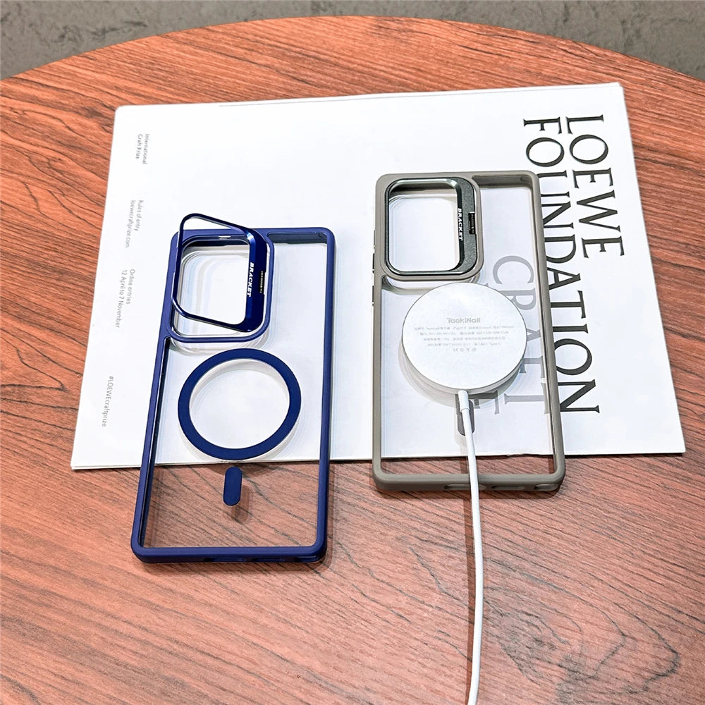 For Magsafe Hidden Fold Lens Holder Case For Samsung S26 S25 Ultra S24 S23 S22 Plus Transparent Magnetic Wirelesss Charge Cover