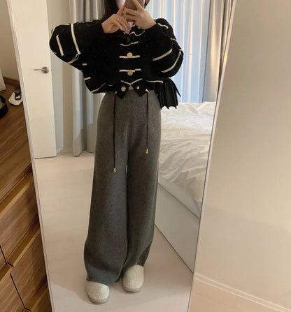 Loose Women's Knitted Cardigan Coat with Big Pockets Striped Splicing Drawstring Hem Single Buttoned Open Front Sweater