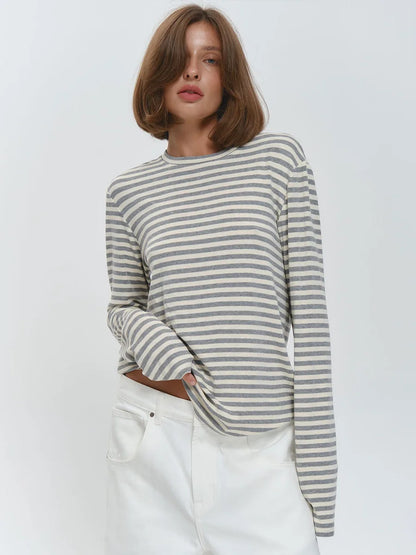 Bornladies Autumn New Fashion Women Cotton Striped Long Sleeve T Shirt Office Casual Simple Round Neck Pullover Tops & Tees