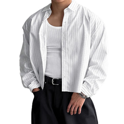 New British Retro Men Striped Shirts Trendy Loose Lapel Long Sleeve Cardigan Tops Autumn Leisure High Quality Basic Blouse S-2XL