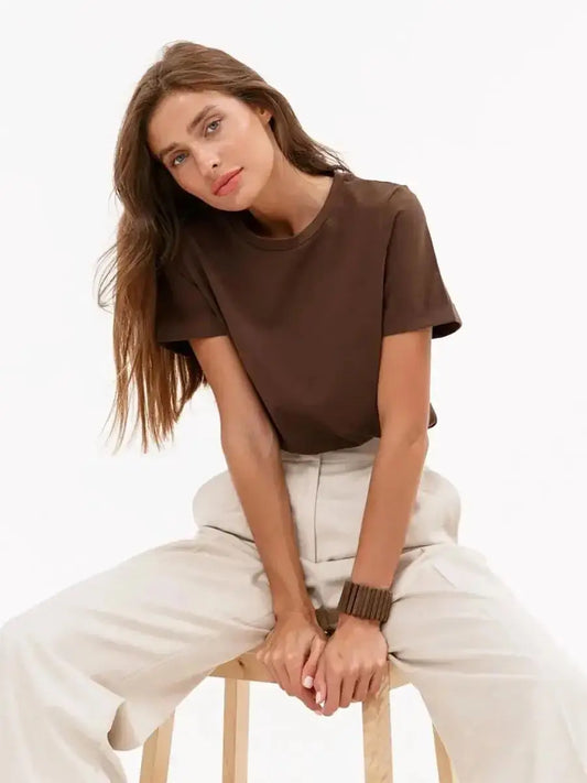 Cotton Womens T-Shirt - Summer Short Sleeve Loose Basic Top - ZOOMNSTORE