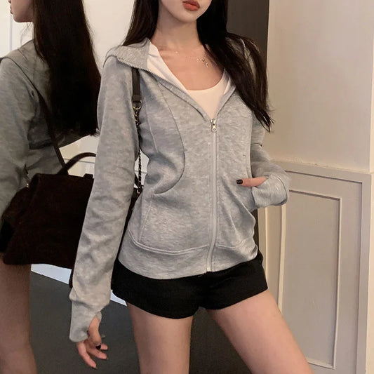 Gray Zipper Hooded Sweatshirt Women 2026 New Korean Slim Fit Cardigan Long Sleeve Coat Woman Solid Pockets Sports Hoodies Jacket