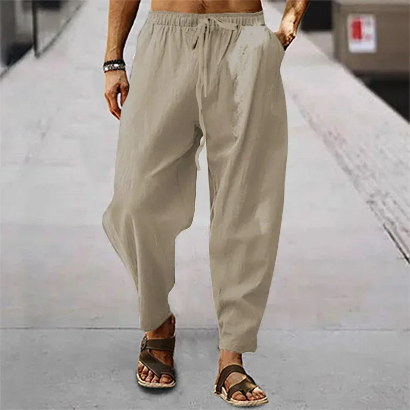 2026 Men Cotton Linen Pants Summer and Autumn Solid High Waist Wide-Leg Trousers Male Loose Hemp Casual Breathable Sports Pants