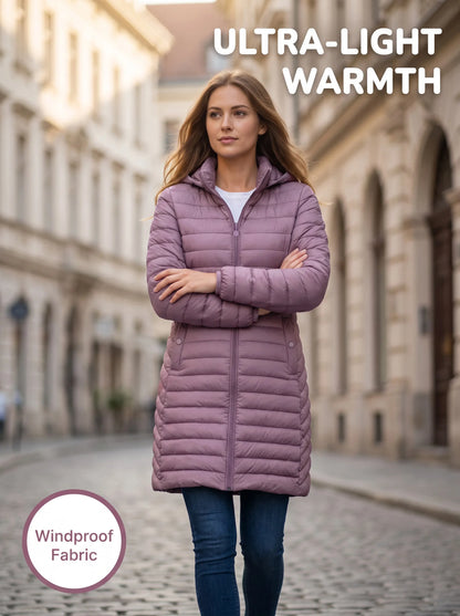 Ultralight Packable Puffer Coat for Women Long Warm Loose Solid Outwear with Detachable Hood