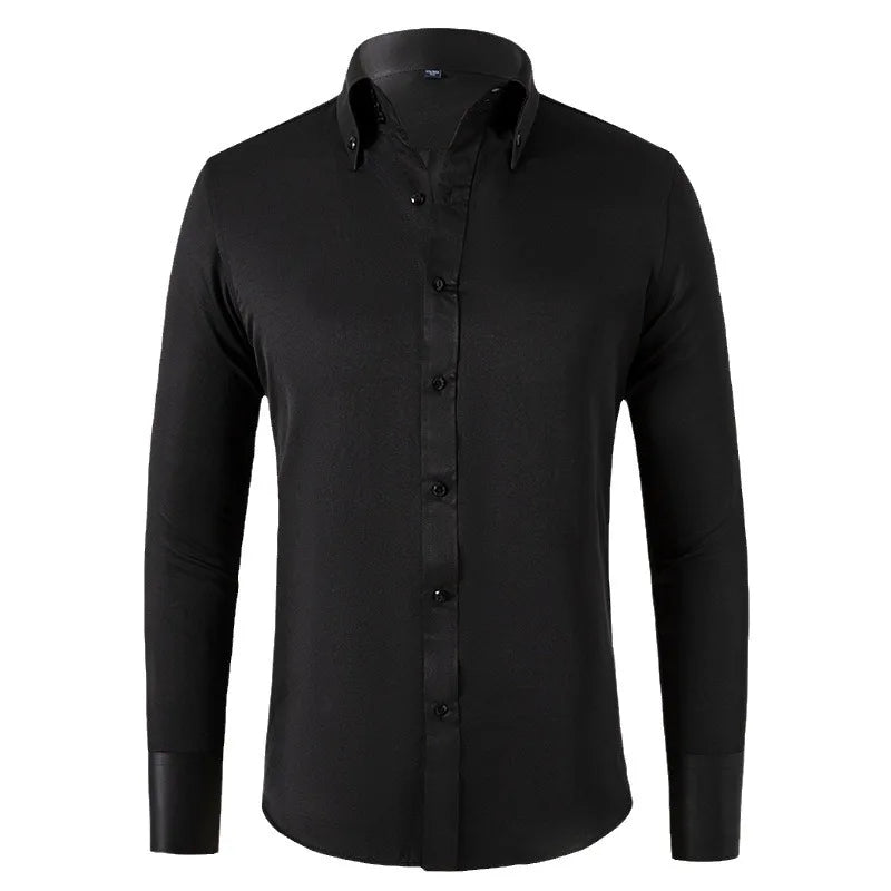 Solid color shirt men's crystal button long sleeved pointed collar light luxury men's business casual men's wear