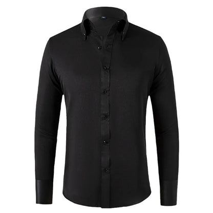 Solid color shirt men's crystal button long sleeved pointed collar light luxury men's business casual men's wear