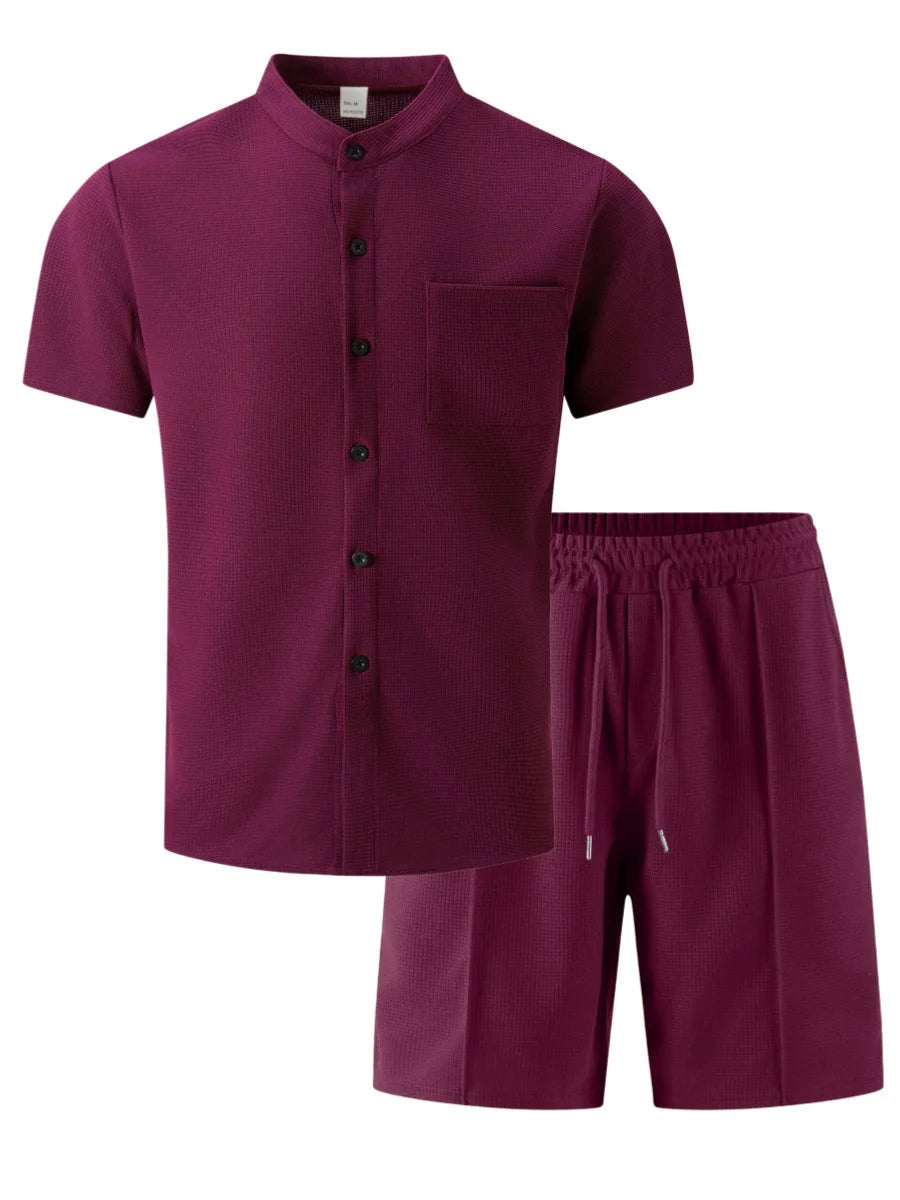 Men's new summer style waffle plain-color crew-neck t-shirt with pocket short-sleeved set with beach shorts men's casual suit