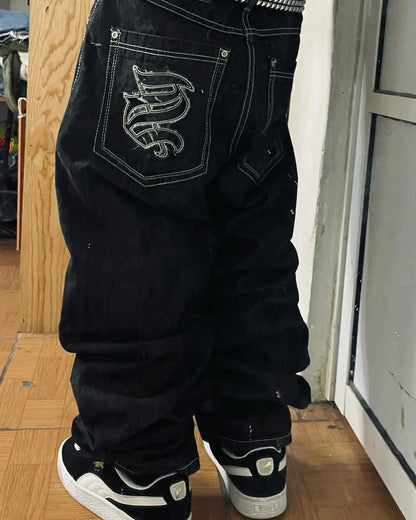 Y2K New Retro Centipede Embroidery Pattern Washed Oversized Wide-Leg Pants Street Gothic Harajuku Floor Pants For Men and Women