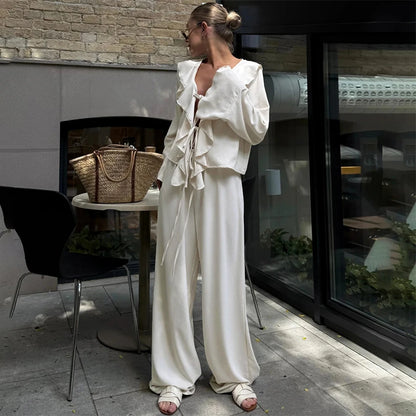 Linad Casual Loose Apricot Outfits Fashion Ruffles Flare Sleeve Blouse With High Waist Pant 2 Piece Sets Summer Long Pants Suits