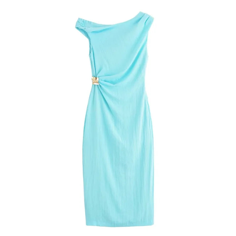 ETJ 2025 summer new  women's elegant sexy fashion metal buckle inlaid asymmetrical pleated MIDI dress