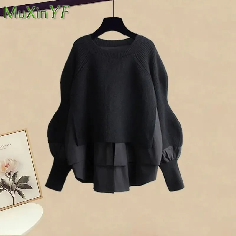 2025 Autumn/Winter New Korean Elegant Fake Two Piece Knit Sweater Top+Casual Pants Suit Women's Fashion Tracksuit Matching Set
