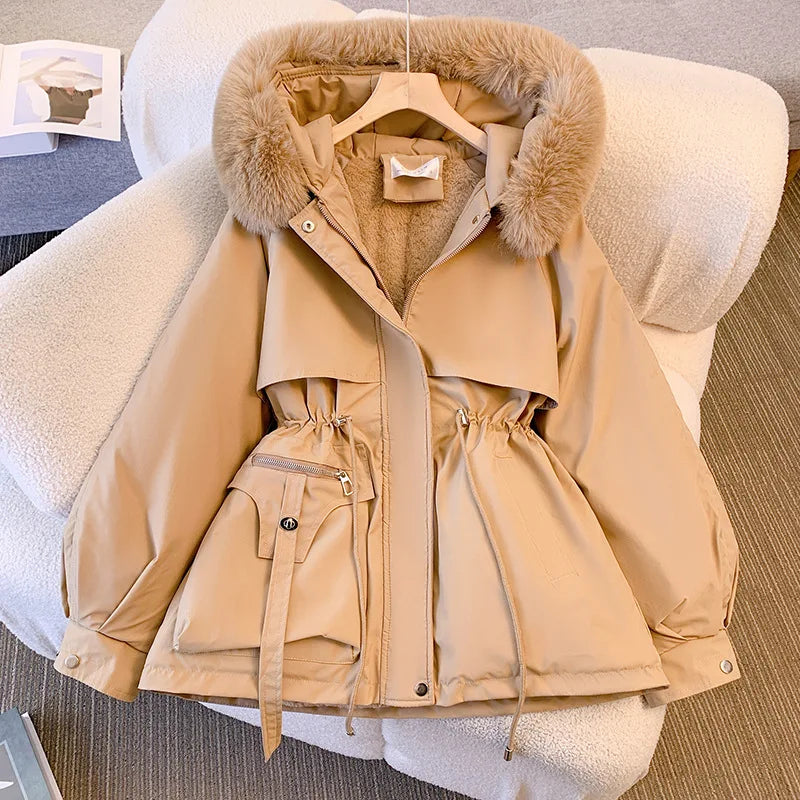 Women Winter Jacket - Fleece Lined Puffer Coat With Hooded Zipper Closure