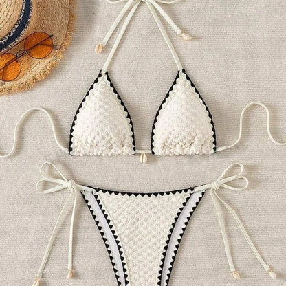 Halter Bikini Set - Wrinkled Weave Polyester Swimwear With Push Up Support