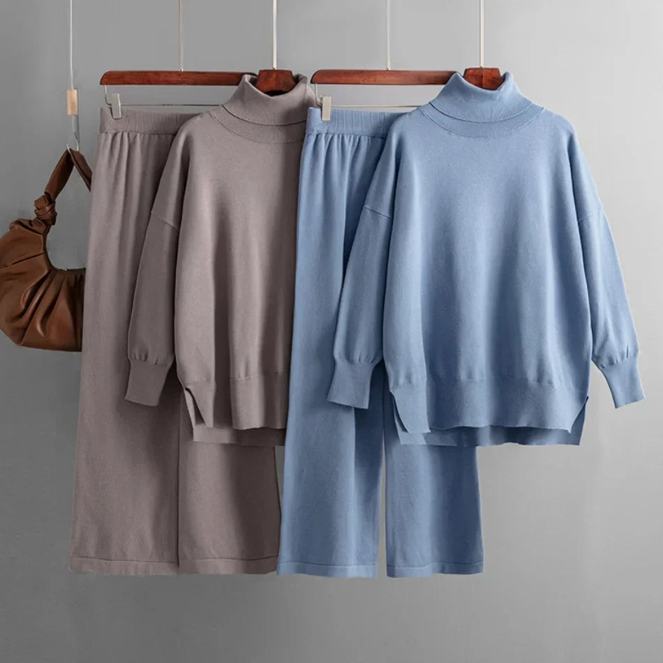 Women's Two Piece Set Autumn Winter High Collar Slit Knitted Sweater Pullover Fashion Casual Loose High Waist Pant Ensemble