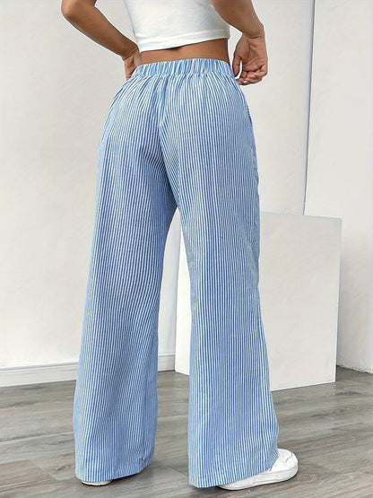 Women's Vertical Striped Wide Leg Pants High Waist Drawstring Loose Casual Trousers Autumn Elastic Waist Trousers with Pockets