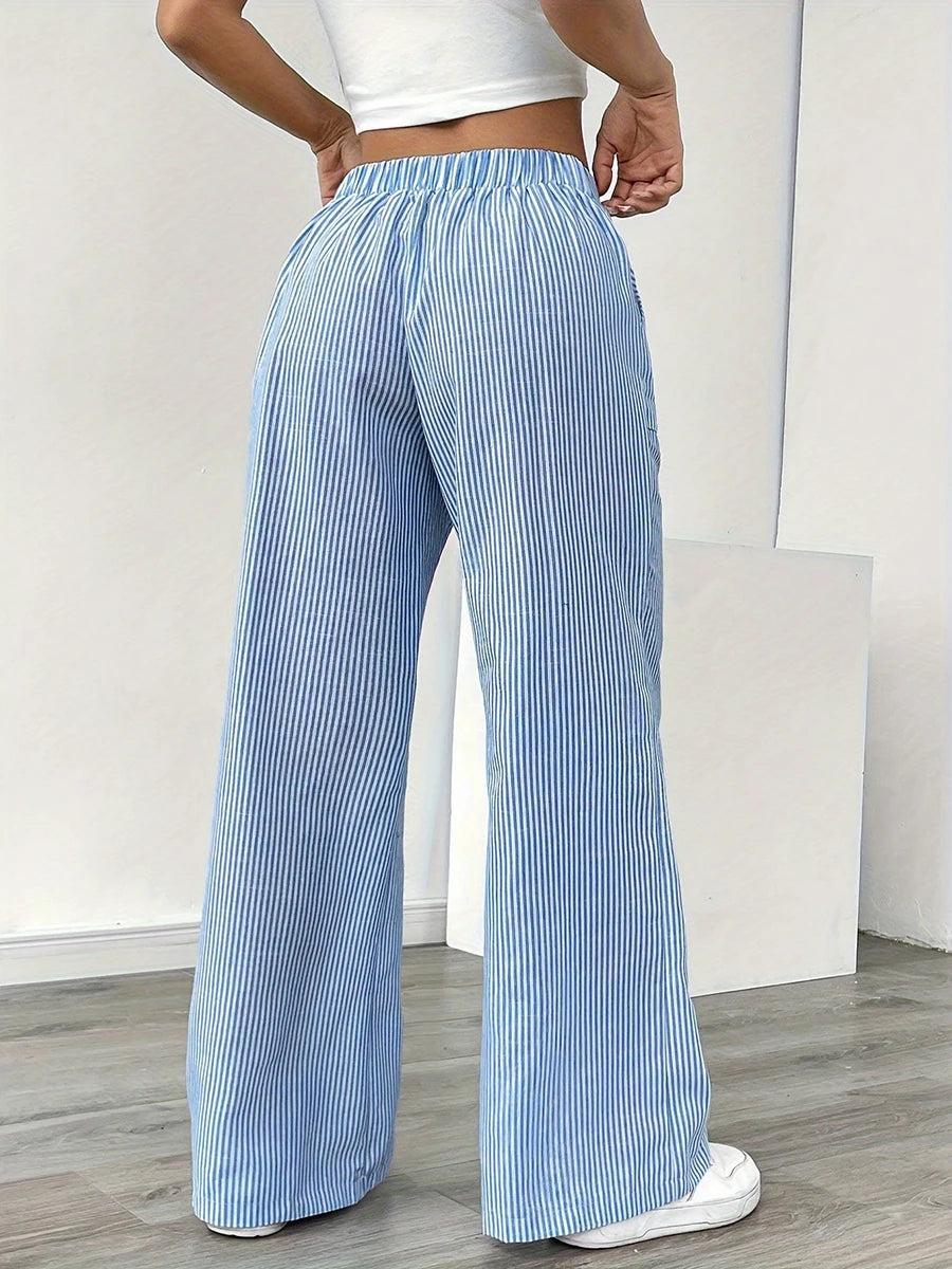Women's Vertical Striped Wide Leg Pants High Waist Drawstring Loose Casual Trousers Autumn Elastic Waist Trousers with Pockets