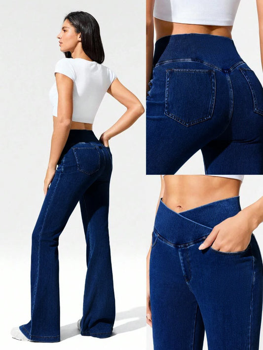 High Stretch Cross Waist Flare Jeans For Women Casual Hip Enhancing Knitted Denim Pants Multi Pocket Fitness Bootcut Trousers