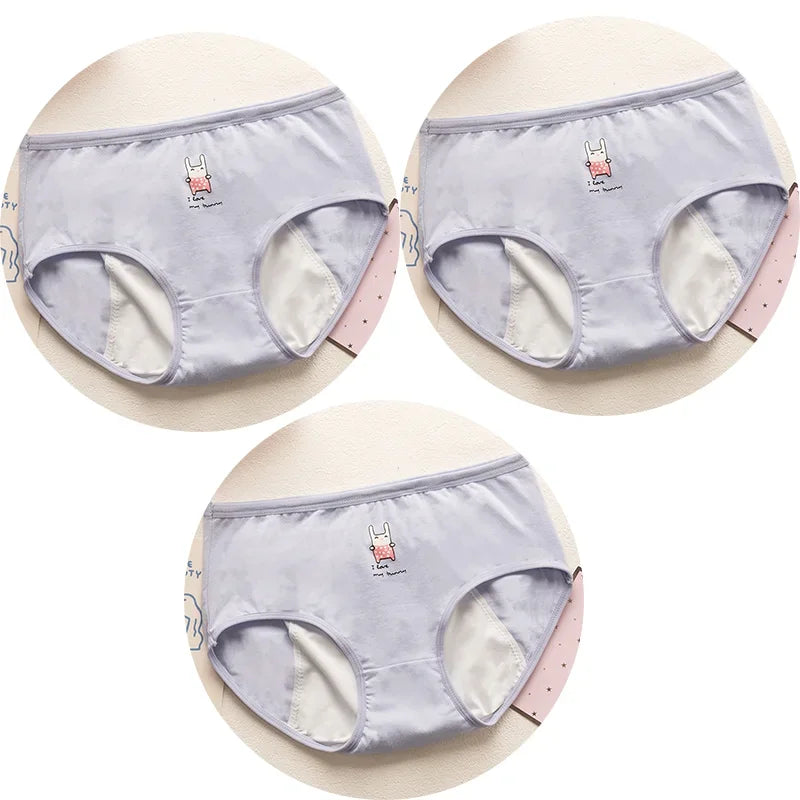 3PCS Cute Cartoon Period Underwear for Girls  Leakproof Teen Menstrual Panties 4-Layer Absorbent Reusable Washable Underwear