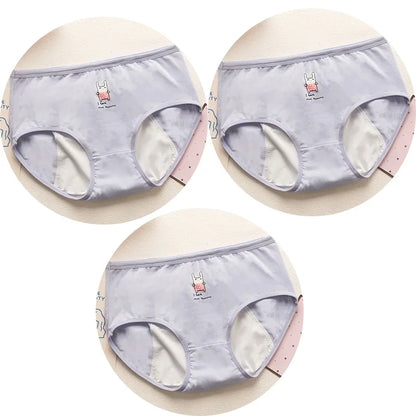 3PCS Cute Cartoon Period Underwear for Girls  Leakproof Teen Menstrual Panties 4-Layer Absorbent Reusable Washable Underwear