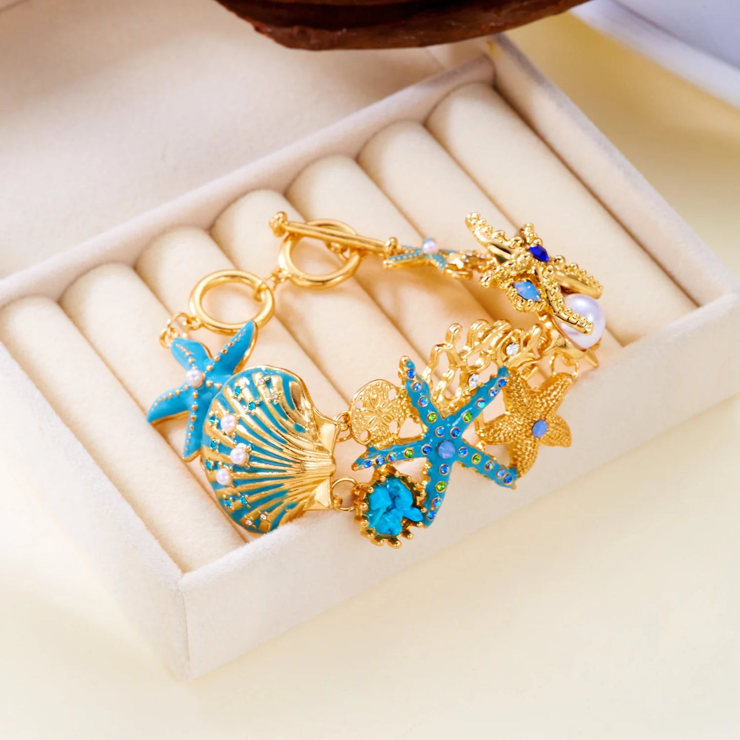 Exaggerated Metal Starfish Shell Pearl Necklace for Women Summer Ocean Coral Scallop Pendant Necklace Boho Beach Jewelry Gift