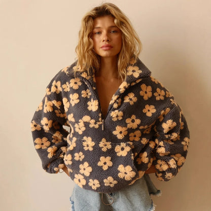 Fleece Flower Sweatshirt For Women 2025 Autumn Winter New Fashion Hoodies Warm Fur Top Zipper Pullovers Casual Outwear