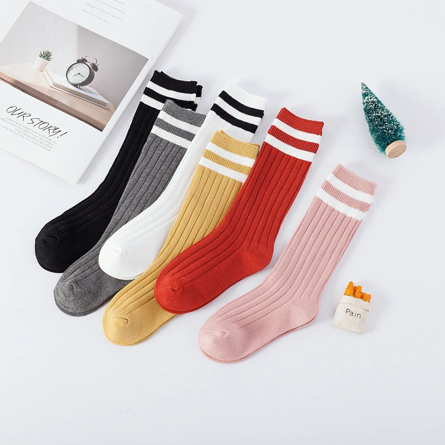 1 Pairs Kids Knee High Long Socks Autumn Winter Warmth Soft Cotton Children School Stocking Black White Stripes Sports Socks