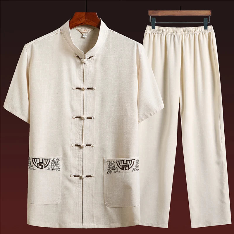 Cotton and Linen (Top + Pants) Elderly Men Gold Silk Pan Buckle Pocket Embroidered Tang Dress Han Dress Lay Tai Chi Suit Set