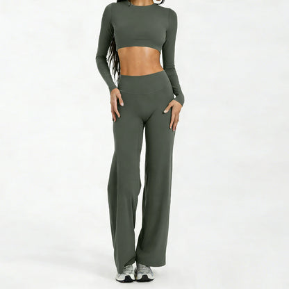Running Sportswear Women 2 Piece Set Short Cropped Long Sleeve Top Straight Leg Yoga Pants Breathable Quick Dry Gym Suit