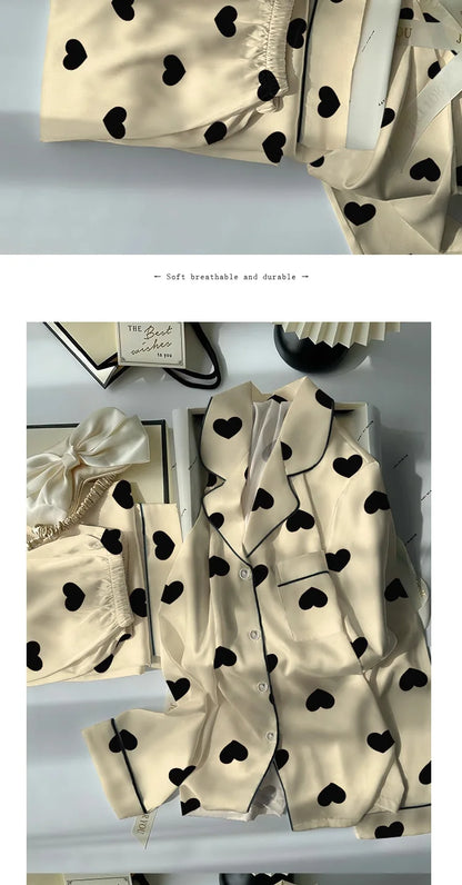 Women's Spring and Summer Light Luxury High Value Love Love Ice Silk Cool Feeling Pajamas Female Long-Sleeved Two-Piece Homewear
