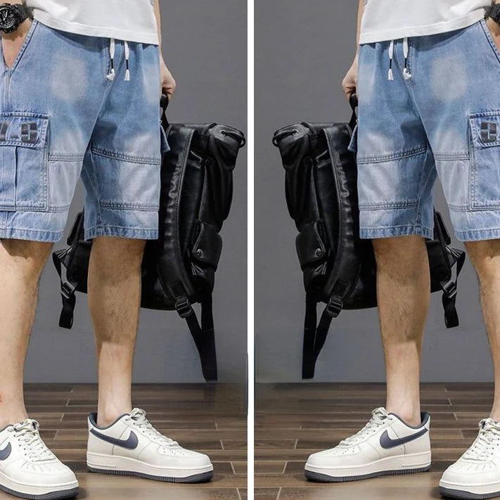 Harajuku Fashion Drawstring Designer Korean Luxury Boyfriend Multi Pocket Loose Casual Denim Jeans Men Summer Knee Length Shorts