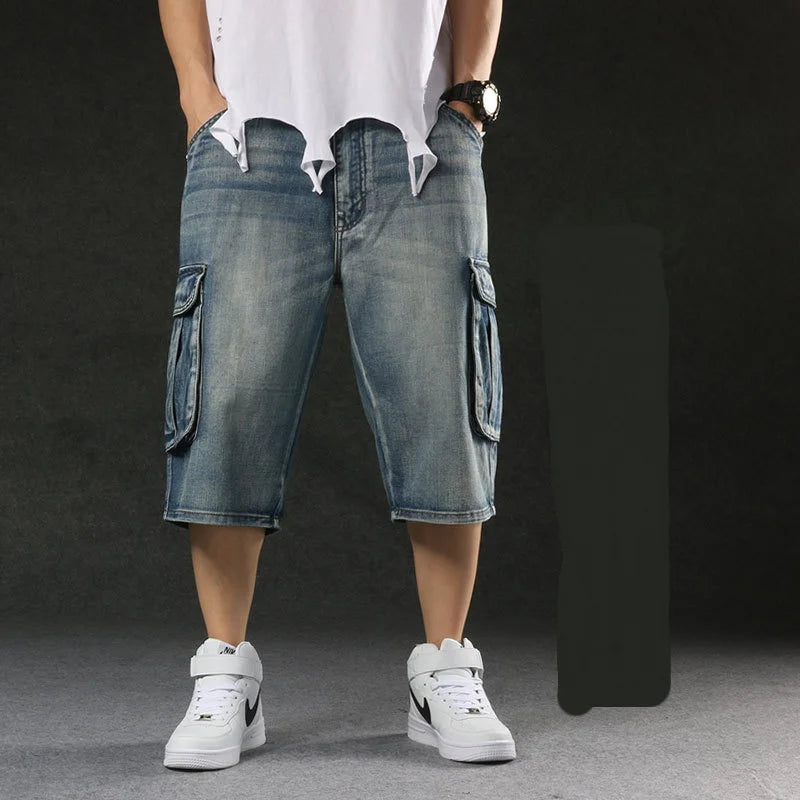 Baggy Denim Shorts - Plus Size Men's Cargo Jeans With Bleach Stone Wash