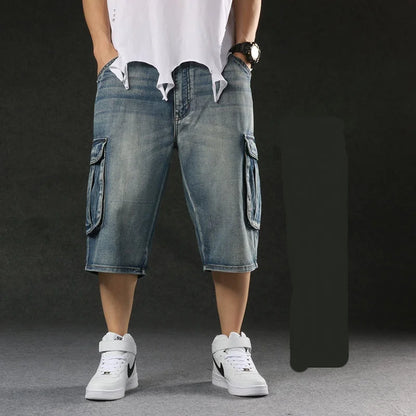 Baggy Denim Shorts - Plus Size Men's Cargo Jeans With Bleach Stone Wash