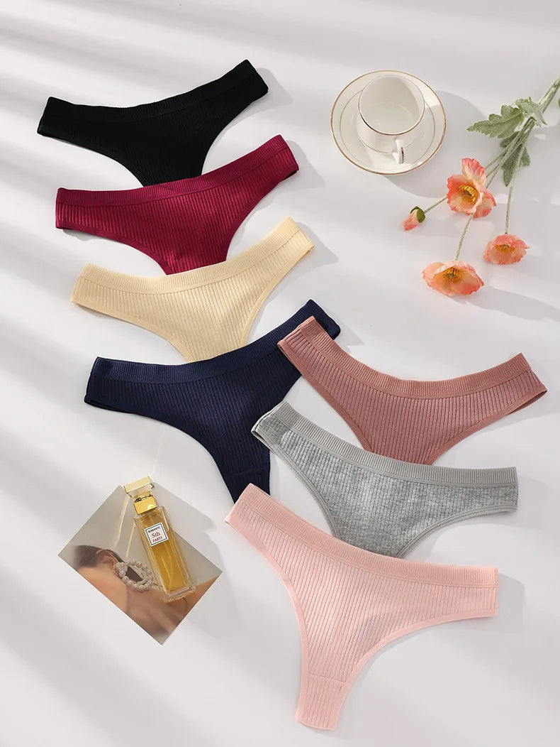 7Pcs Women's Thongs Panties Cotton Striped Underwear Sexy Women Lingerie Solid Intimates Comfort Panty Soft Hot G-Strings XS-XXL
